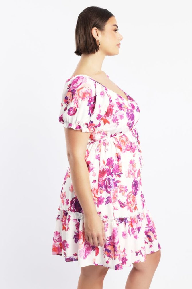 Pink Floral Frill Drawstring Bust Detail Mini Dress