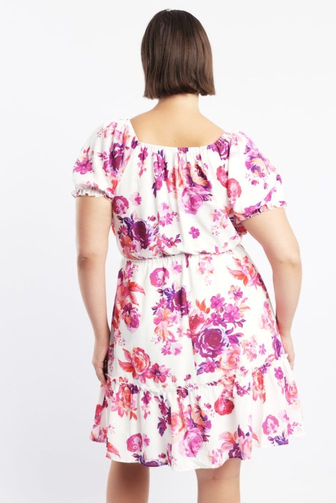 Pink Floral Frill Drawstring Bust Detail Mini Dress