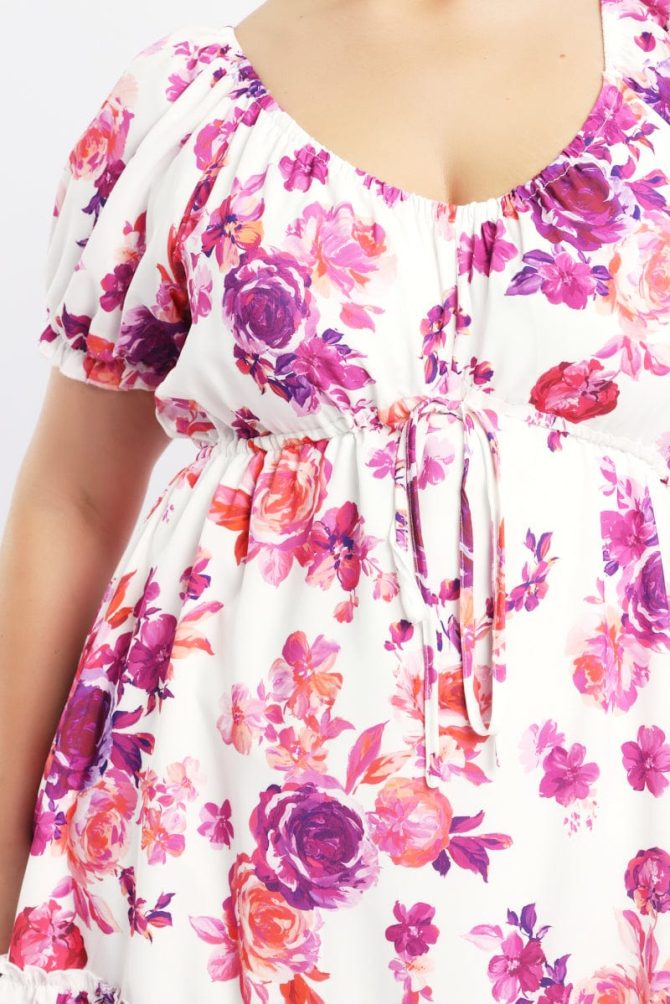 Pink Floral Frill Drawstring Bust Detail Mini Dress