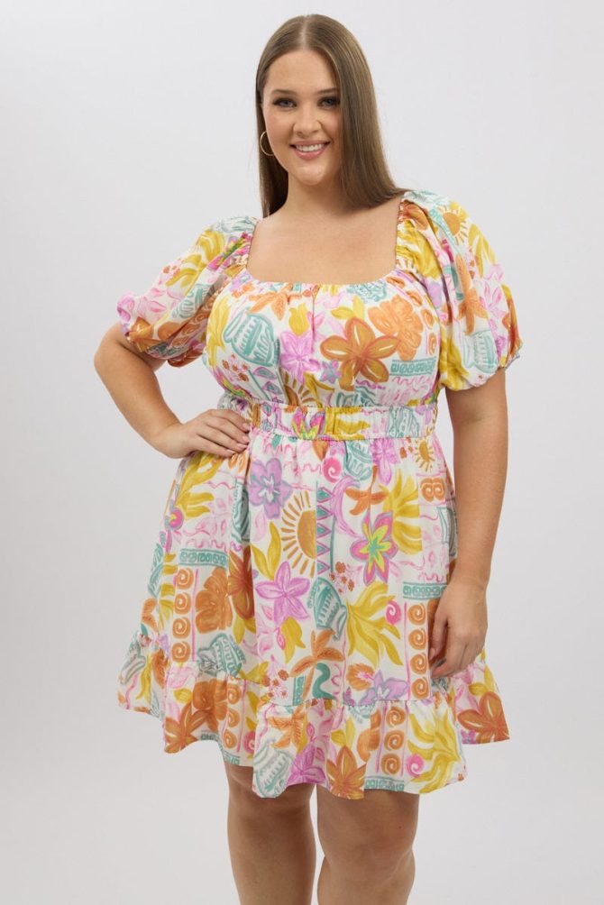 White Abstract Elastic Waist Puff Sleeve Mini Dress