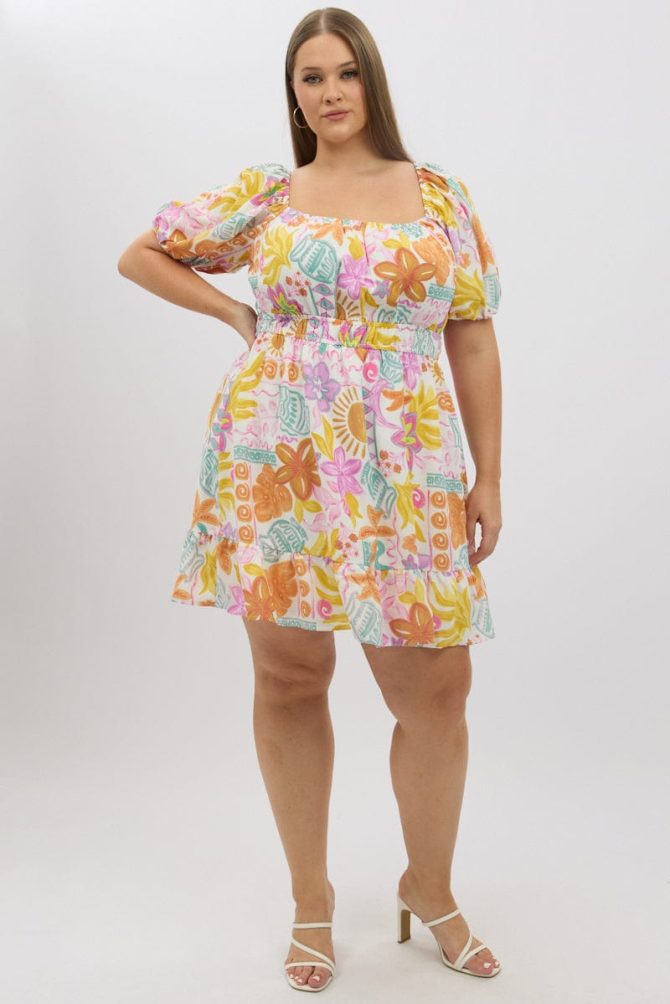 White Abstract Elastic Waist Puff Sleeve Mini Dress
