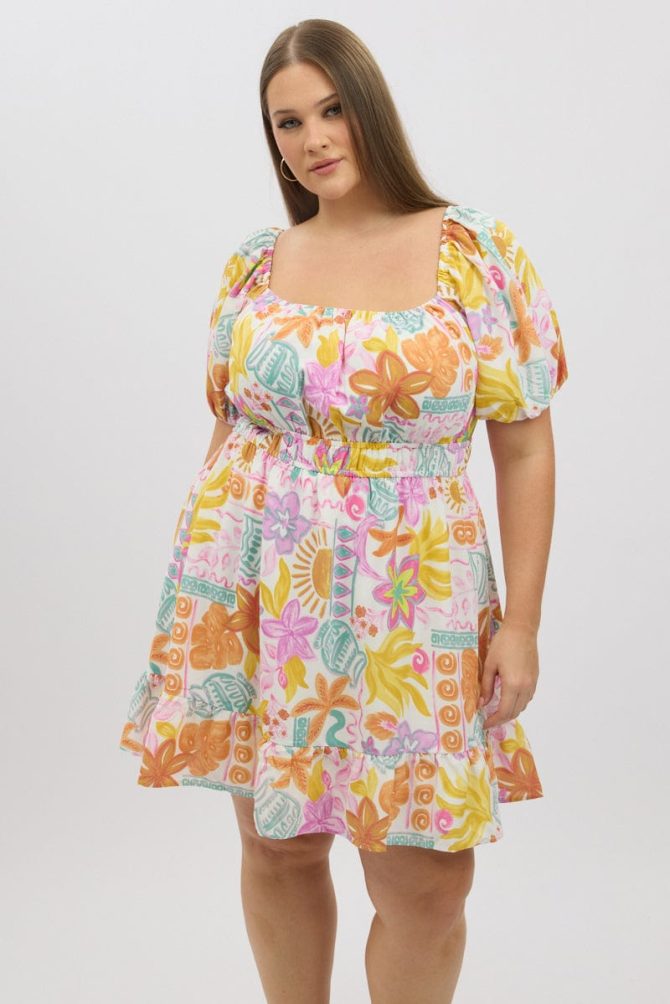 White Abstract Elastic Waist Puff Sleeve Mini Dress