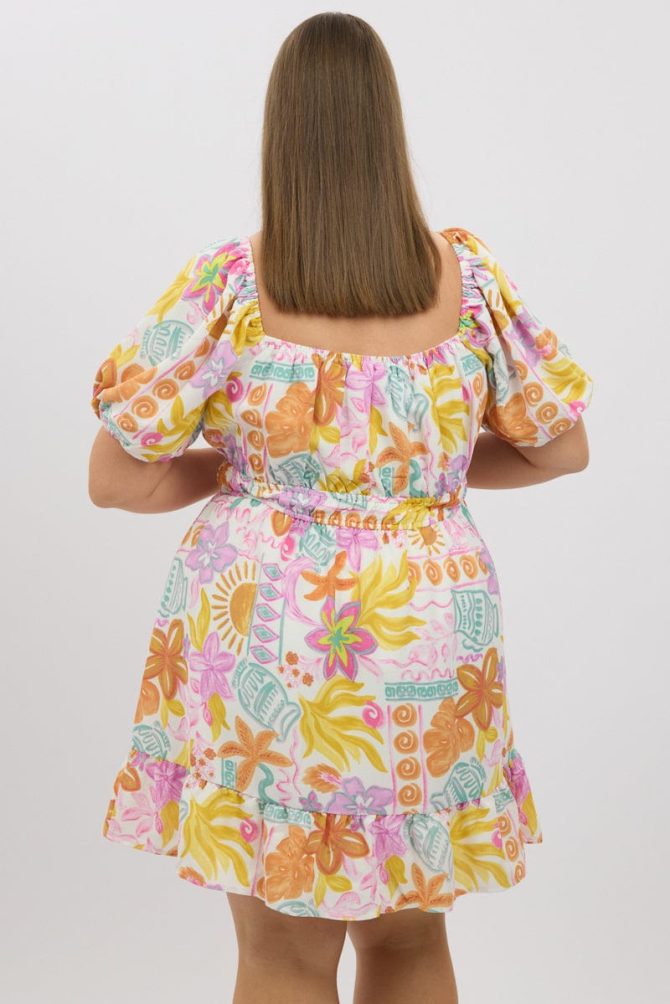 White Abstract Elastic Waist Puff Sleeve Mini Dress