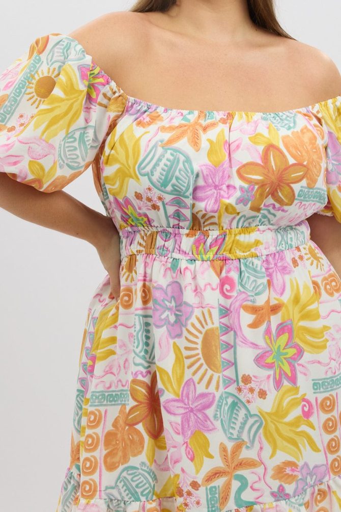 White Abstract Elastic Waist Puff Sleeve Mini Dress