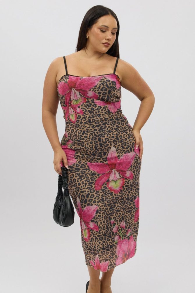 Multi Animal Print Mesh Leopard And Floral Bodycon Trim Dress