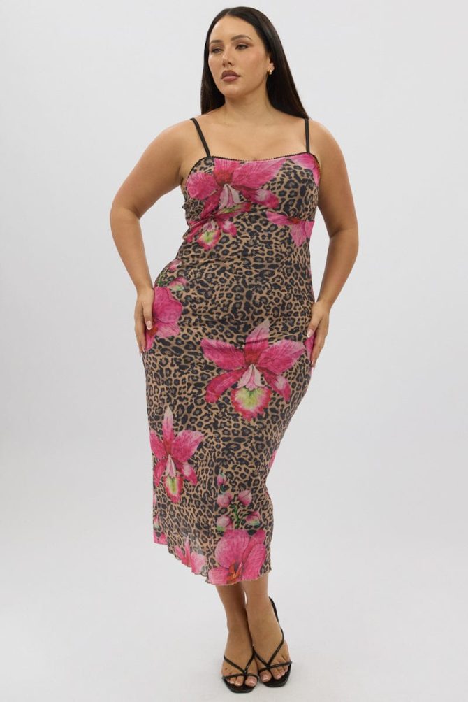 Multi Animal Print Mesh Leopard And Floral Bodycon Trim Dress