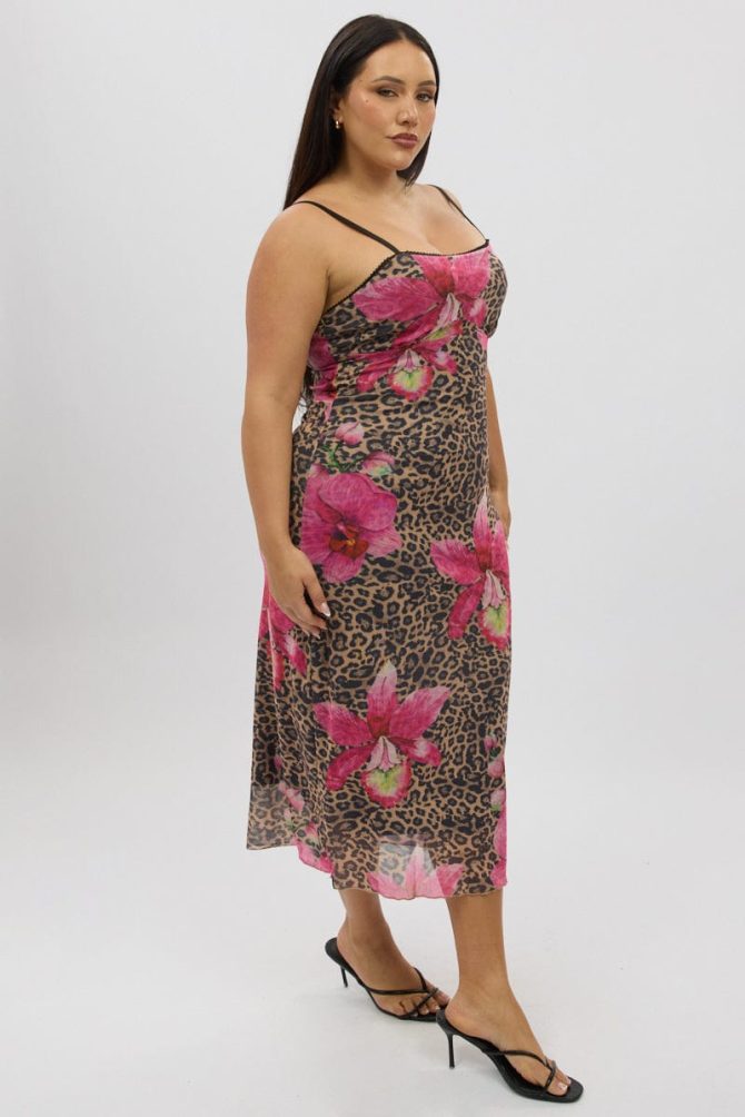 Multi Animal Print Mesh Leopard And Floral Bodycon Trim Dress