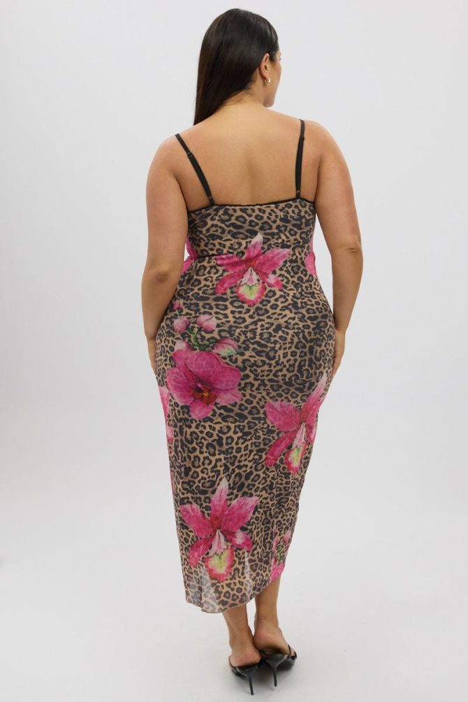 Multi Animal Print Mesh Leopard And Floral Bodycon Trim Dress