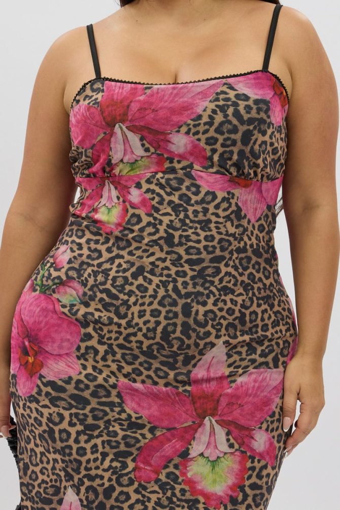 Multi Animal Print Mesh Leopard And Floral Bodycon Trim Dress