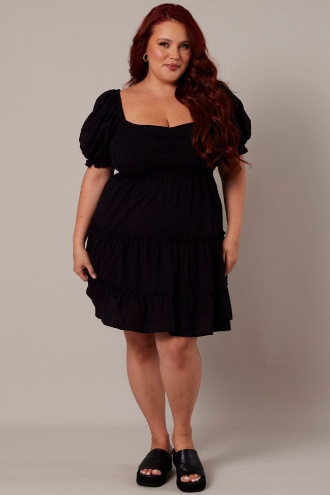 Black Fit And Flare Dress Short Sleeve Shirred