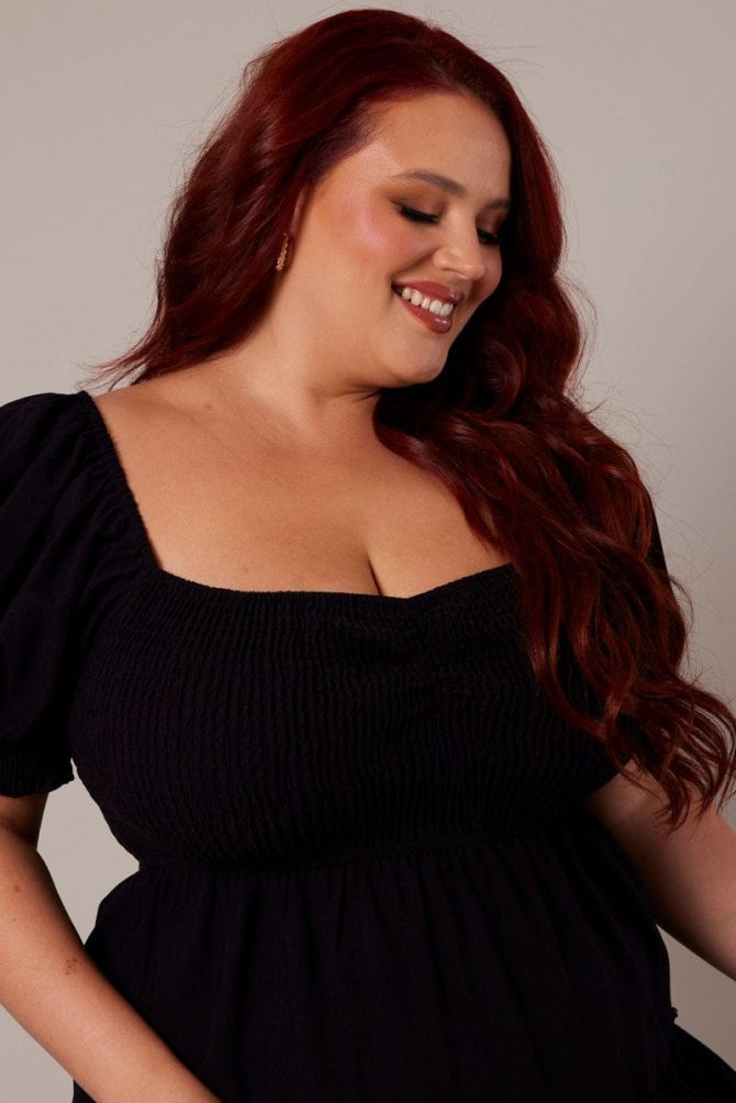 Black Fit And Flare Dress Short Sleeve Shirred