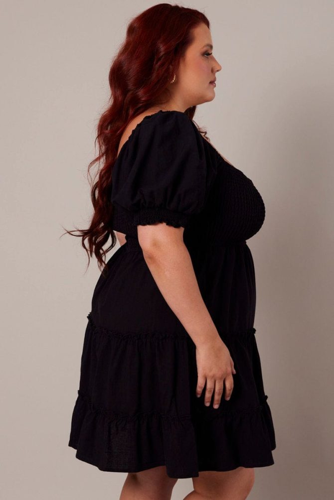 Black Fit And Flare Dress Short Sleeve Shirred