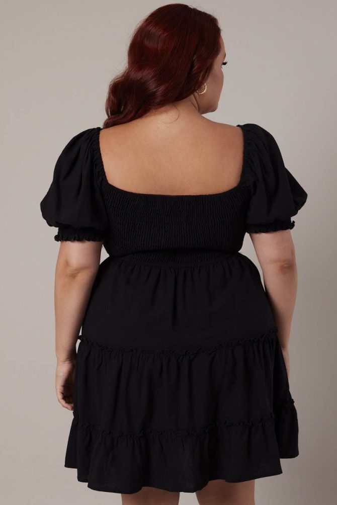 Black Fit And Flare Dress Short Sleeve Shirred