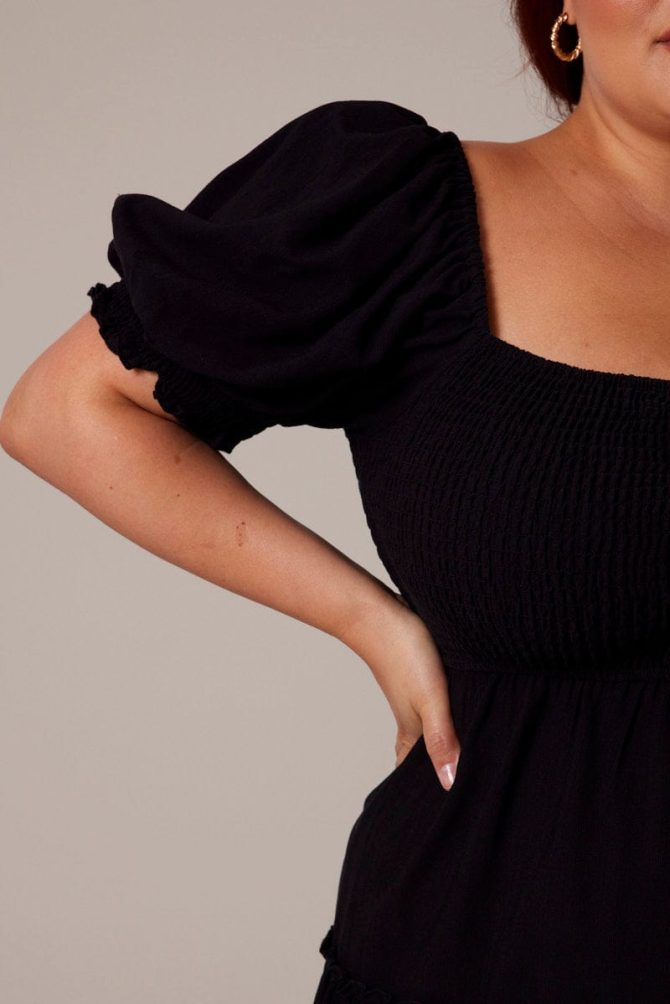 Black Fit And Flare Dress Short Sleeve Shirred