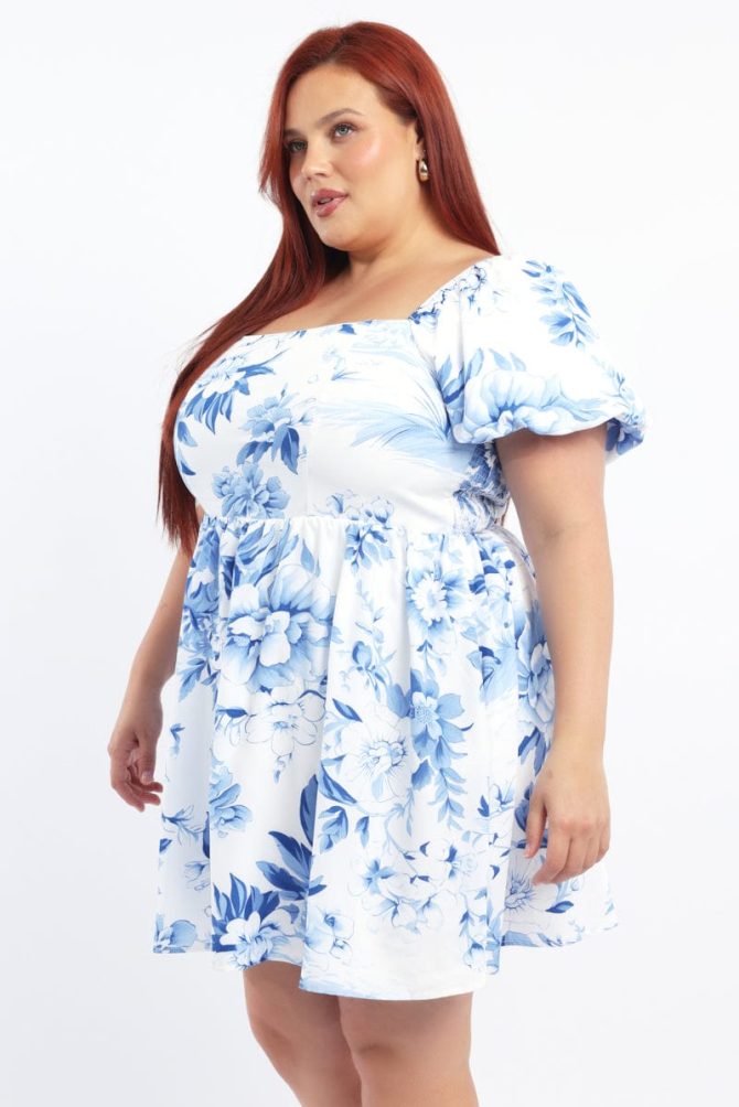 Blue Floral Puff Sleeve Mini Dress