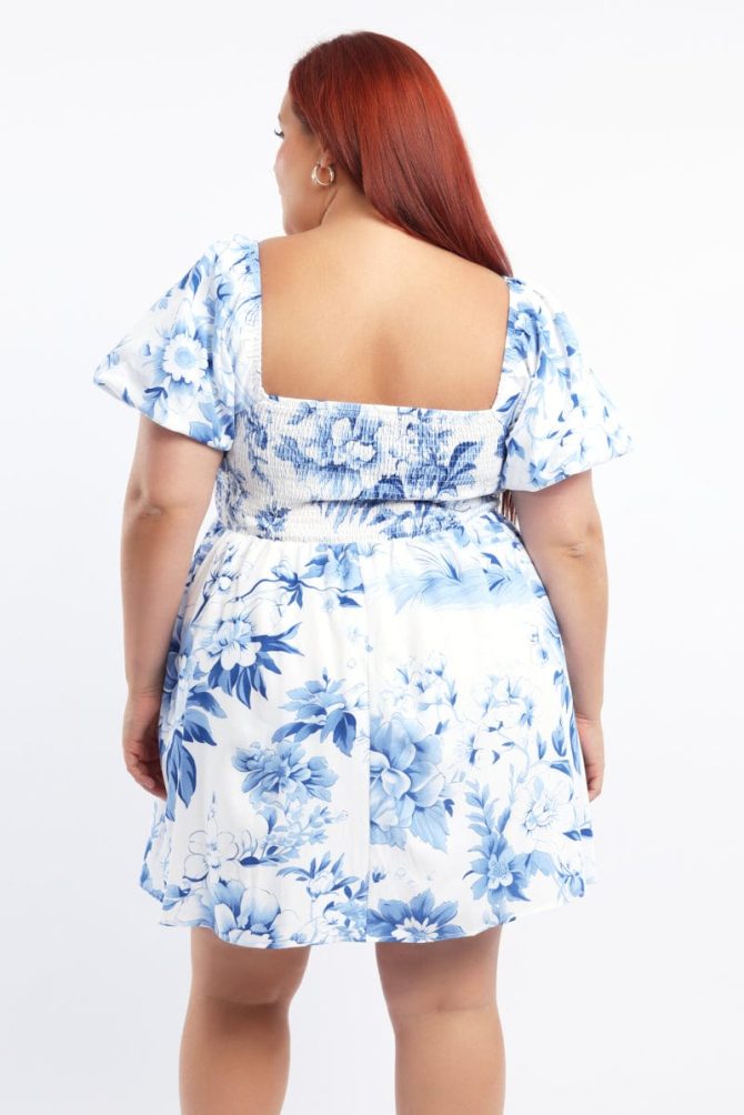 Blue Floral Puff Sleeve Mini Dress