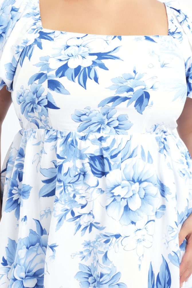 Blue Floral Puff Sleeve Mini Dress