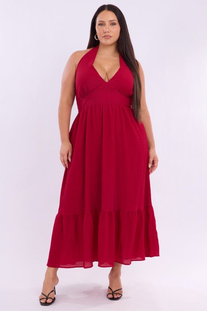 Cherry Halter Neck Dress Sleeveless Textured