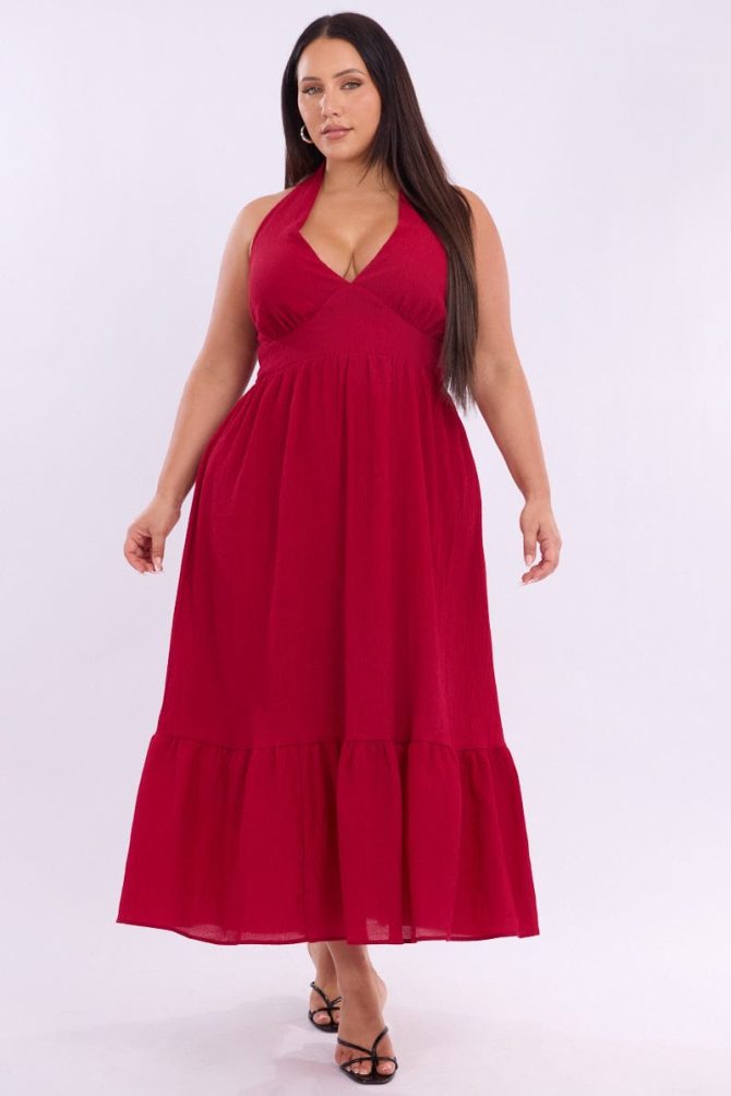 Cherry Halter Neck Dress Sleeveless Textured