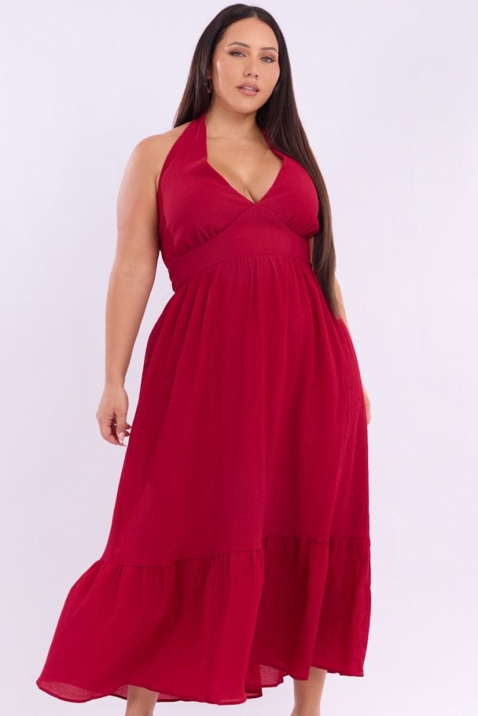 Cherry Halter Neck Dress Sleeveless Textured