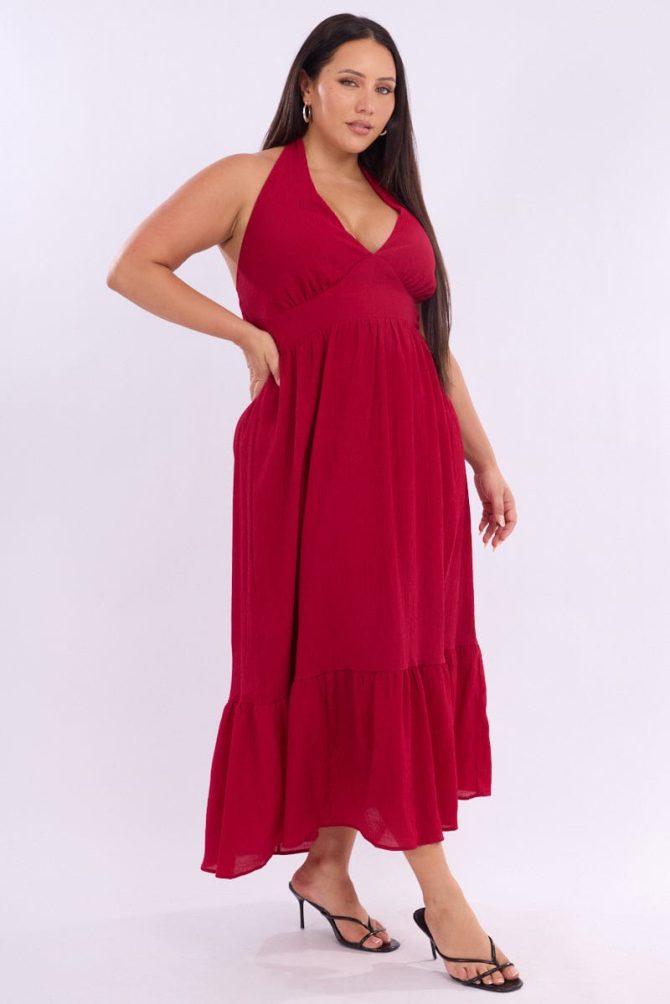 Cherry Halter Neck Dress Sleeveless Textured