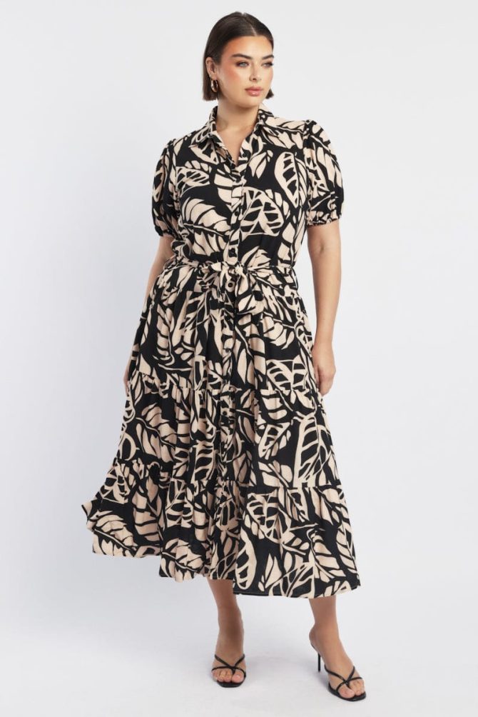 Black Floral Midi Dress Short Sleeve Shirt Floral