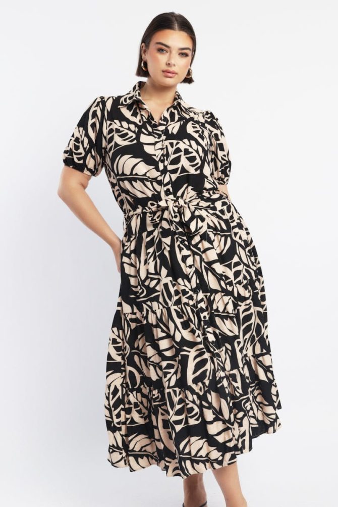 Black Floral Midi Dress Short Sleeve Shirt Floral