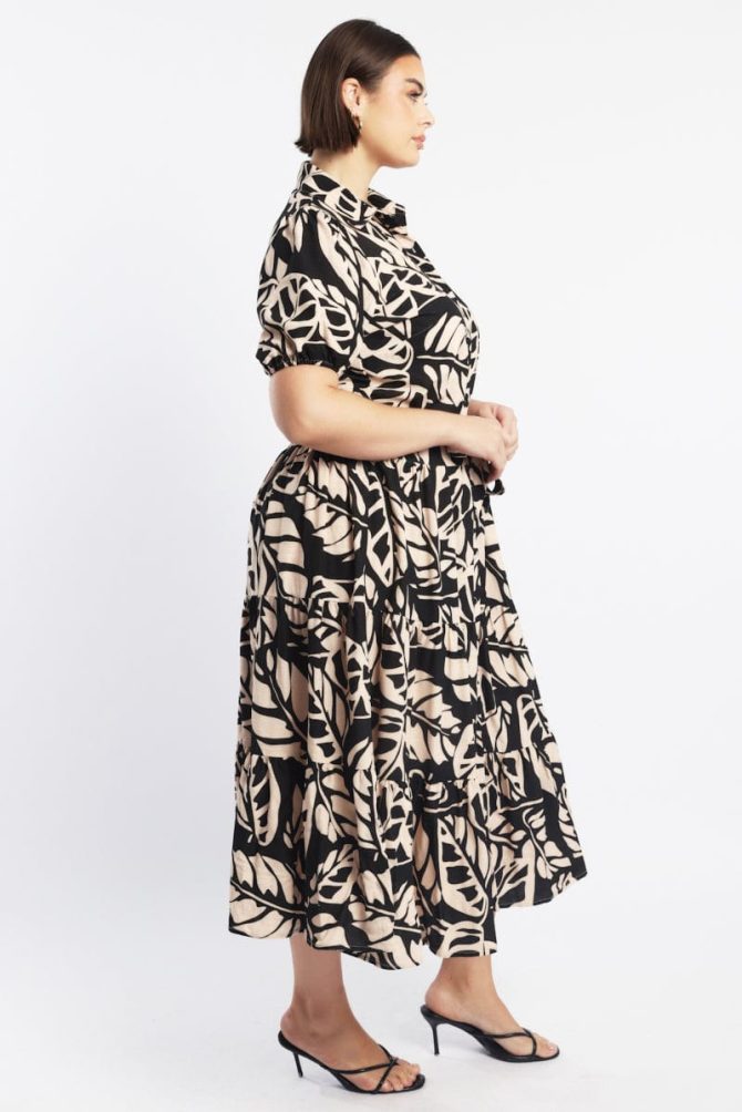 Black Floral Midi Dress Short Sleeve Shirt Floral