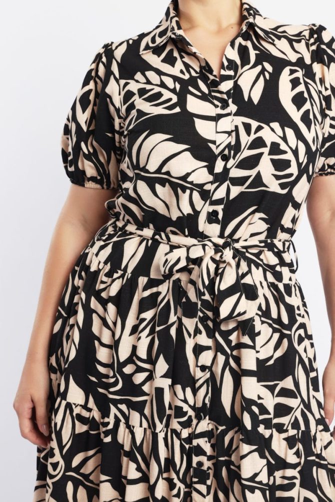 Black Floral Midi Dress Short Sleeve Shirt Floral