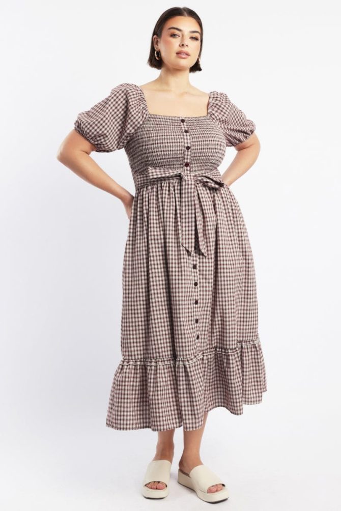 Red Check Midi Dress Short Sleeve Check Front Button Placket