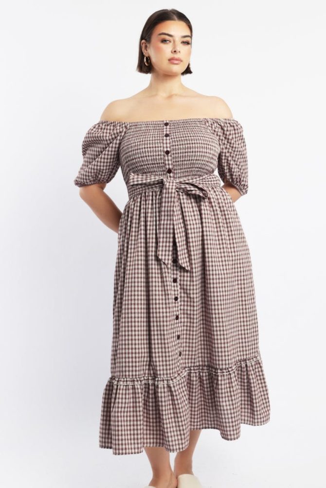 Red Check Midi Dress Short Sleeve Check Front Button Placket