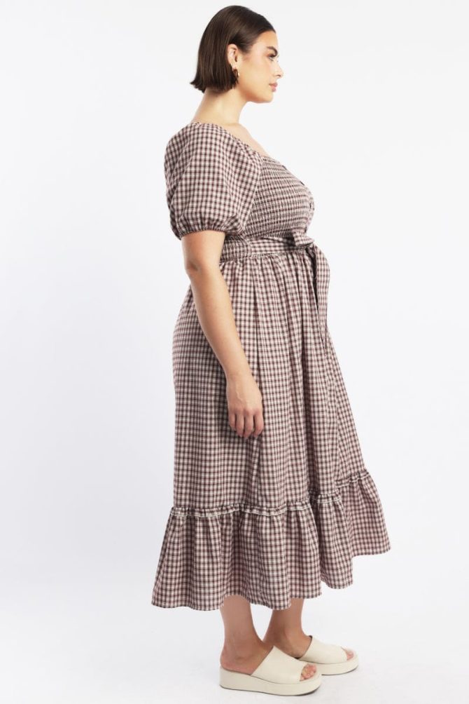 Red Check Midi Dress Short Sleeve Check Front Button Placket