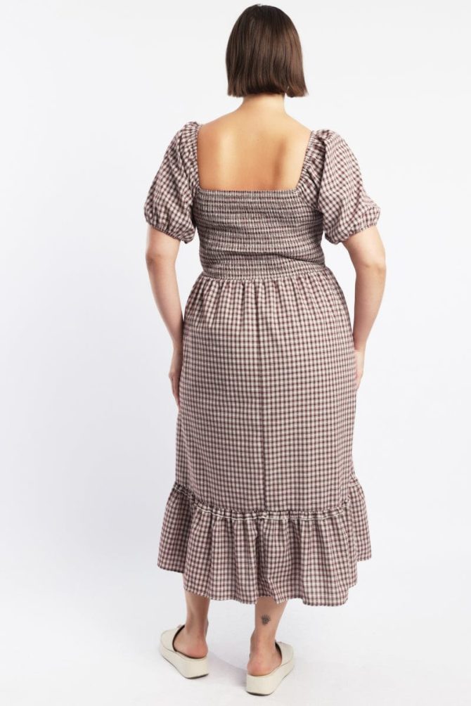 Red Check Midi Dress Short Sleeve Check Front Button Placket