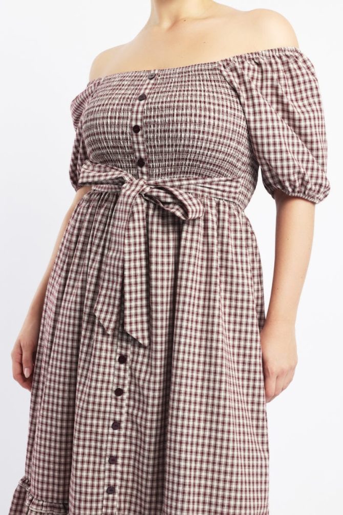 Red Check Midi Dress Short Sleeve Check Front Button Placket