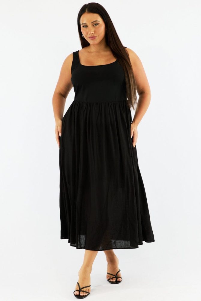Black Midi Dress Sleeveless Scoop Neck Linen Blend