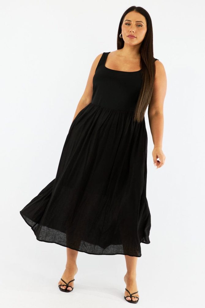 Black Midi Dress Sleeveless Scoop Neck Linen Blend