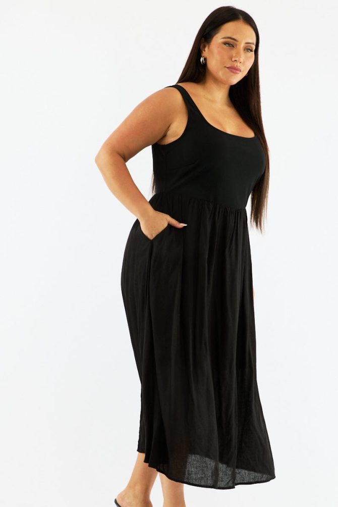 Black Midi Dress Sleeveless Scoop Neck Linen Blend