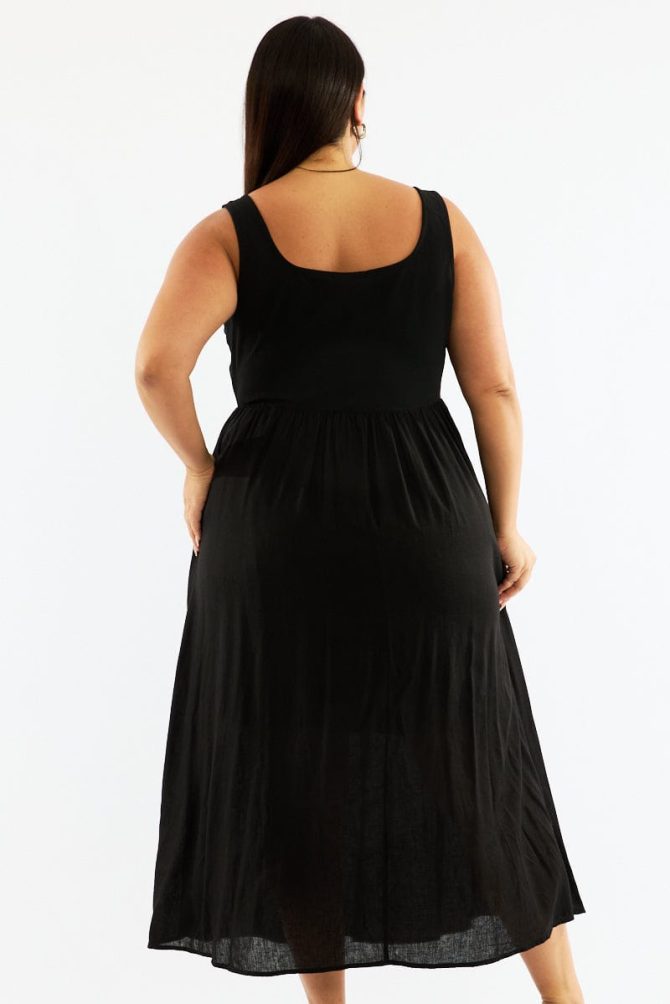 Black Midi Dress Sleeveless Scoop Neck Linen Blend