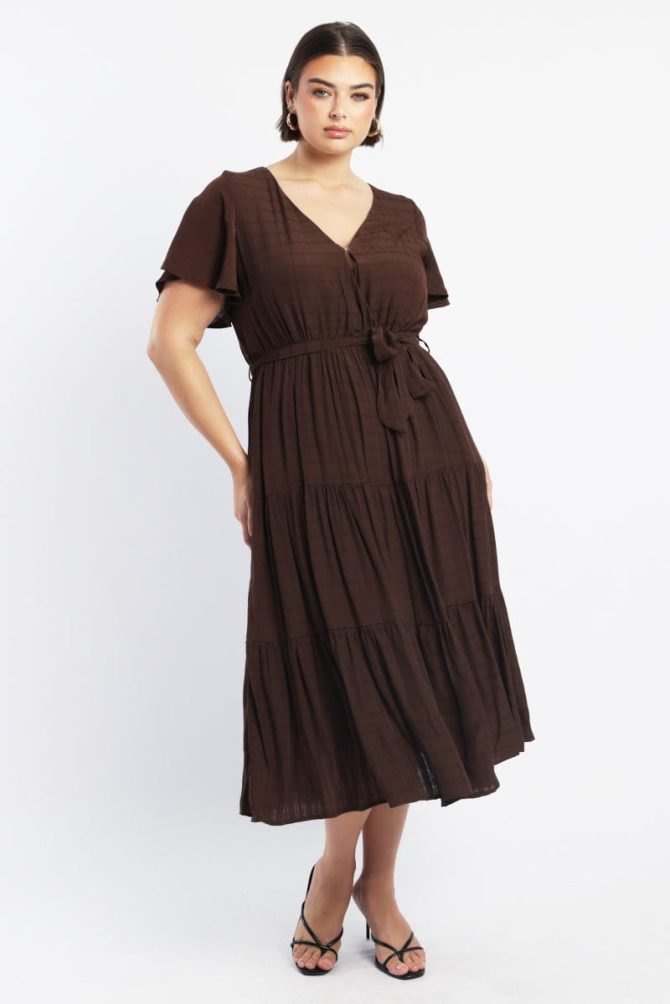 Brown Midi Dress Short Sleeve Self Check