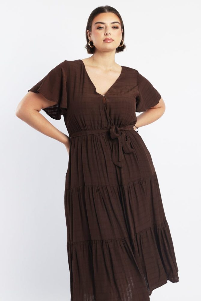 Brown Midi Dress Short Sleeve Self Check