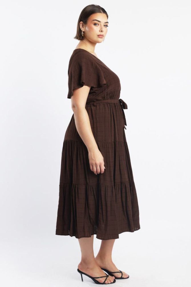 Brown Midi Dress Short Sleeve Self Check