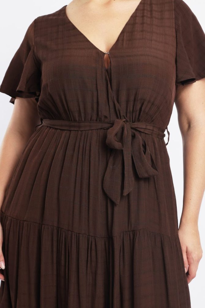 Brown Midi Dress Short Sleeve Self Check