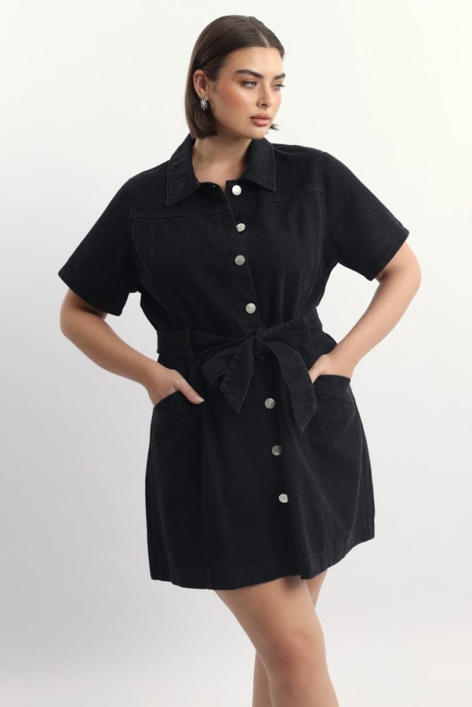 Black Denim Mini Dress Button Front Short Sleeve