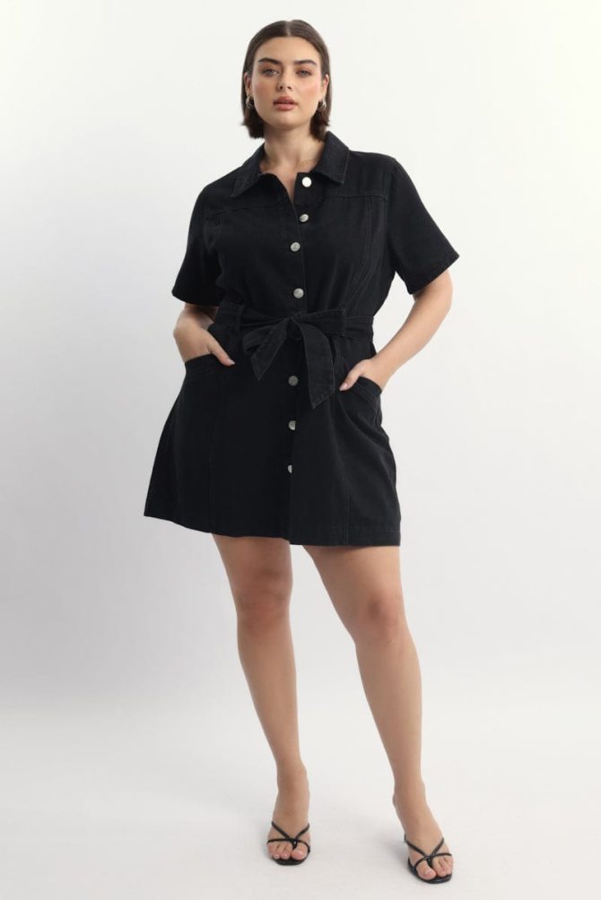 Black Denim Mini Dress Button Front Short Sleeve
