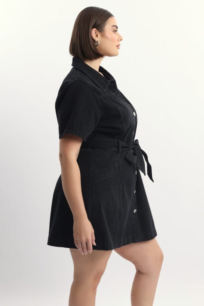 Black Denim Mini Dress Button Front Short Sleeve