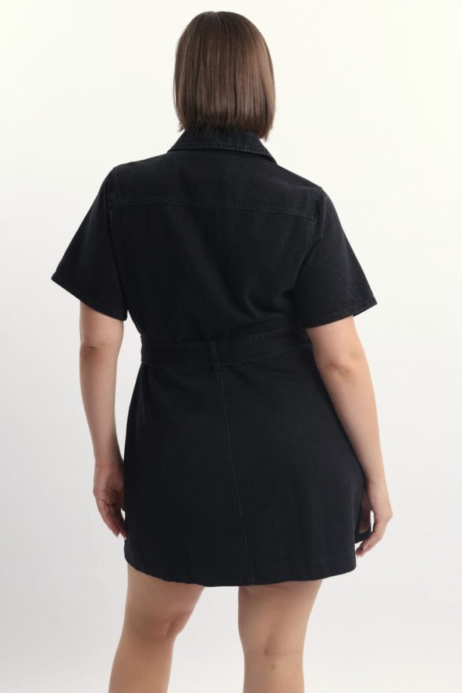 Black Denim Mini Dress Button Front Short Sleeve