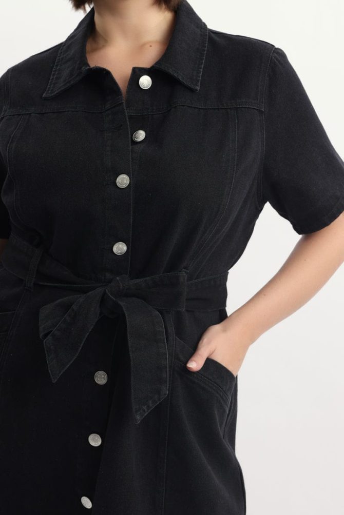 Black Denim Mini Dress Button Front Short Sleeve