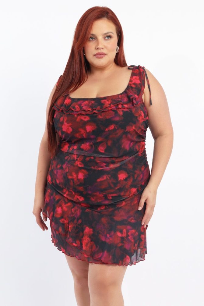 Multi Floral Mesh Mini Dress Off Shoulder Ruched Sides