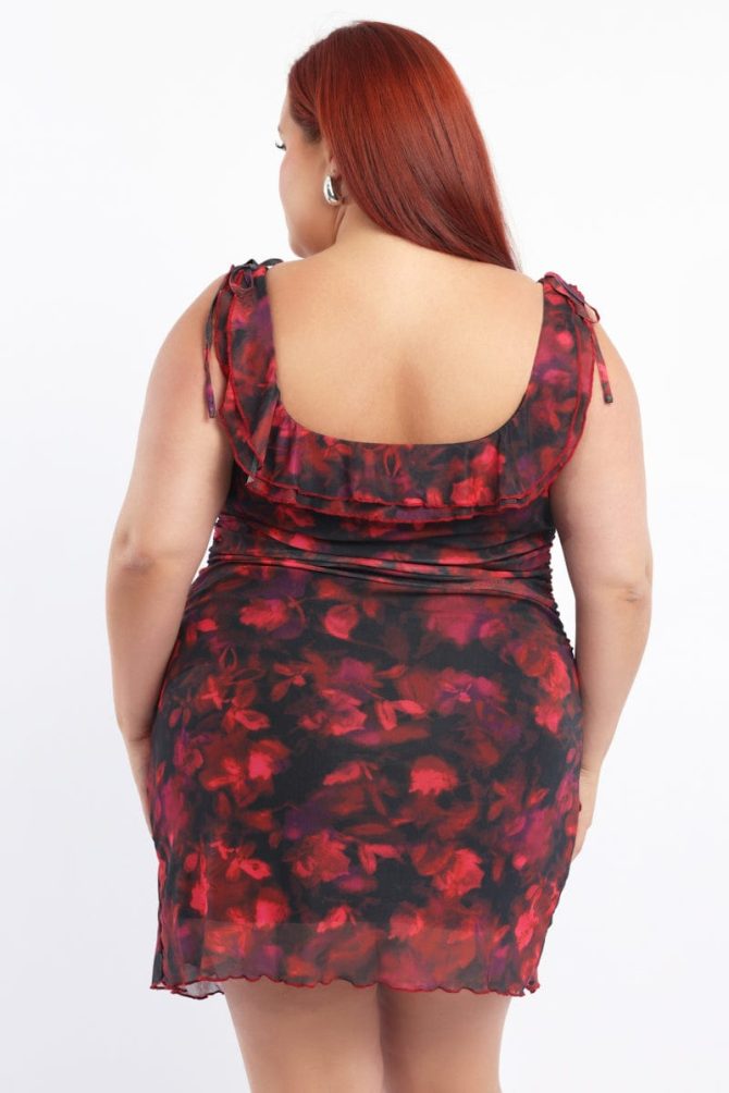 Multi Floral Mesh Mini Dress Off Shoulder Ruched Sides