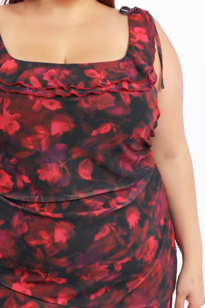 Multi Floral Mesh Mini Dress Off Shoulder Ruched Sides